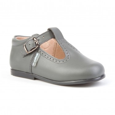 Childrens Boy Girl Leather School T-Strap Shoes Buckle 503 Grey, by AngelitoS