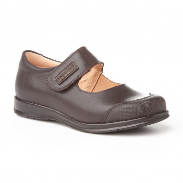 Girls Leather School Mary Jane Shoes Reinforced Toe Velcro 463 Chocolate, by AngelitoS