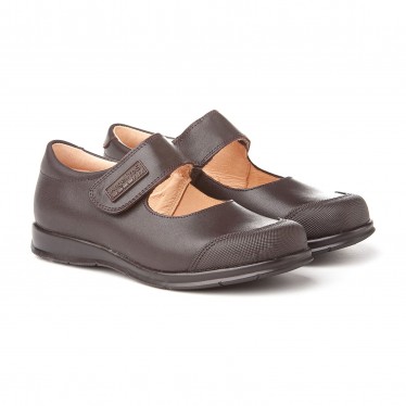 Girls Leather School Mary Jane Shoes Reinforced Toe Velcro 463 Chocolate, by AngelitoS