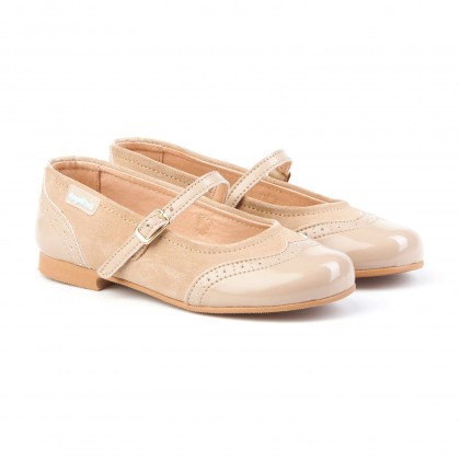 Girls Split Leather School Mary Jane Shoes Patent Toe 1525 Camel, by AngelitoS