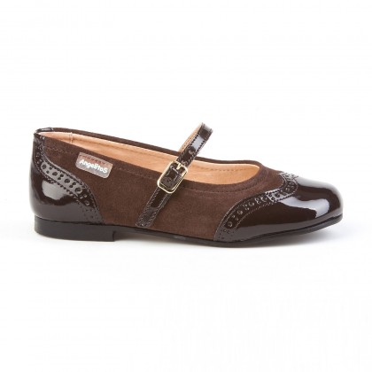 Girls Split Leather School Mary Jane Shoes Patent Toe 1525 Chocolate, by AngelitoS