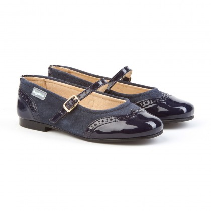 Girls Split Leather School Mary Jane Shoes Patent Toe 1525 Navy, by AngelitoS