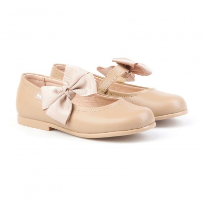 Childrens Girl Leather School Ballerinas Velcro Bow 519 Camel, by AngelitoS