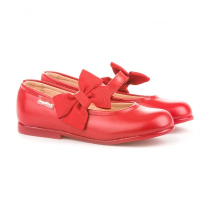 Childrens Girl Leather School Ballerinas Velcro Bow 519 Red, by AngelitoS