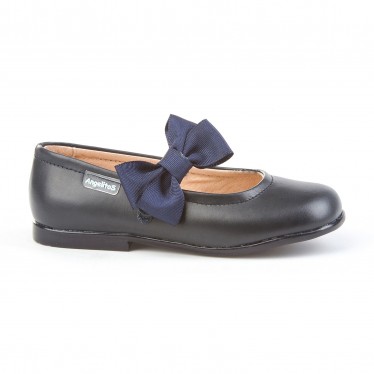 Childrens Girl Leather School Ballerinas Velcro Bow 519 Navy, by AngelitoS