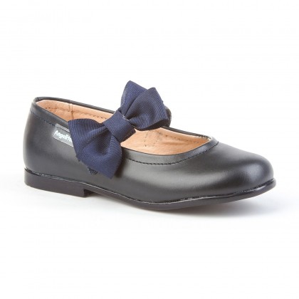 Childrens Girl Leather School Ballerinas Velcro Bow 519 Navy, by AngelitoS