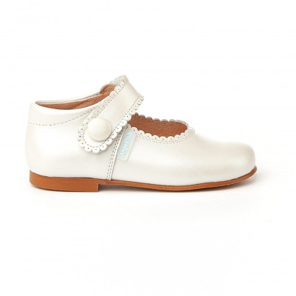 Girls Pearly Leather Mary Jane Shoes Velcro 1502 Beige, by AngelitoS