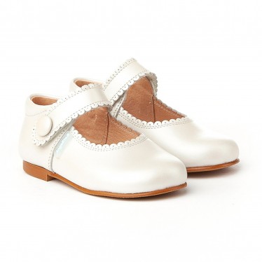 Girls Pearly Leather Mary Jane Shoes Velcro 1502 Beige, by AngelitoS