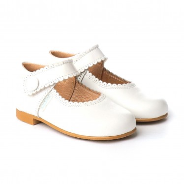 Girls Pearly Leather Mary Jane Shoes Velcro 1502 White, by AngelitoS
