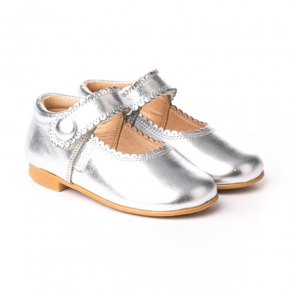 Girls Metallic Leather Mary Jane Shoes Velcro 1502 Silver, by AngelitoS