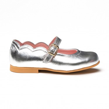 Girls Metallic Leather Mary Jane Shoes Buckle 1100 Silver, by AngelitoS
