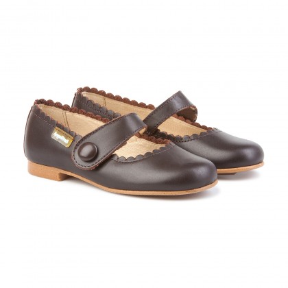 Girls Nappa Leather Mary Jane Shoes Velcro 1512 Chocolate, by AngelitoS