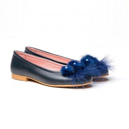 Girls Leather Ballerinas Feathers and Beads 999 Navy, by AngelitoS