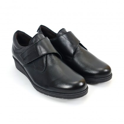 Woman Leather Low Wedged Comfort Booties Velcro Removable Insole 70243 Black, by TuPié