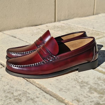 Mens Florentik Leather Beefroll Penny Loafers Leather Sole 701 Burgundy, by Manuel Medrano