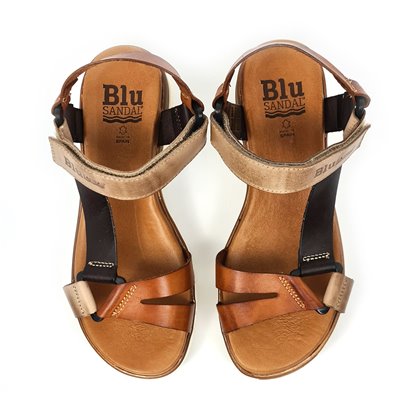 Woman Leather Wedged Sandals Velcro Padded Insole 54322 Multileathe, by Blusandal