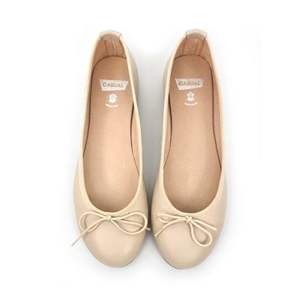 Womens Leather Flat Ballerinas Bow 7000 Beige, by Casual