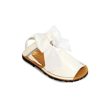 Childrens Synthetic Patent Menorcan Sandals Satin Bow 268 White, by Pisable