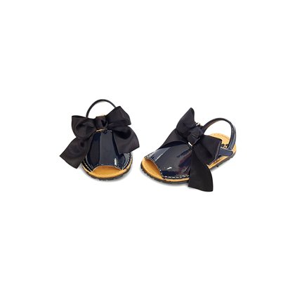 Childrens Synthetic Patent Menorcan Sandals Satin Bow 268 Navy, by Pisable