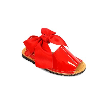 Childrens Synthetic Patent Menorcan Sandals Satin Bow 268 Red, by Pisable