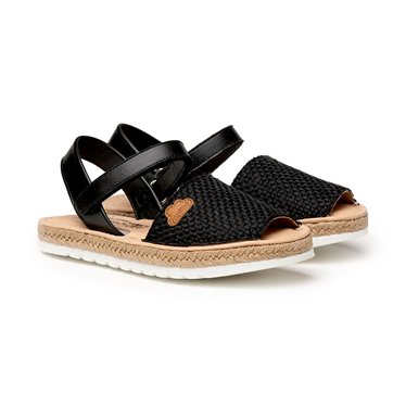 Girls Suede and Sackcloth Menorcan Sandals Padded Insole Velcro 225 Black, by AngelitoS