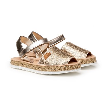 Girls Nappa Leather and Sequins Menorcan Sandals Padded Insole Velcro 224 Platinum, by AngelitoS
