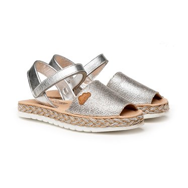 Girls Metallic Nappa Leather and Sack Menorcan Sandals Padded Insole Velcro 223 Silver, by AngelitoS