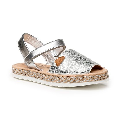 Girls Nappa Leather and Sequins Menorcan Sandals Padded Insole Velcro 224 Silver, by AngelitoS