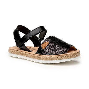 Girls Nappa Leather and Sequins Menorcan Sandals Padded Insole Velcro 224 Black, by AngelitoS