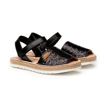 Girls Nappa Leather and Sequins Menorcan Sandals Padded Insole Velcro 224 Black, by AngelitoS