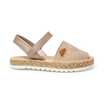Girls Metallic Nappa Leather and Glitter Suede Menorcan Sandals Padded Insole Velcro 222 Taupe, by AngelitoS
