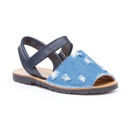Girls Nappa Leather and Denim Menorcan Sandals Velcro 212 Navy, by AngelitoS