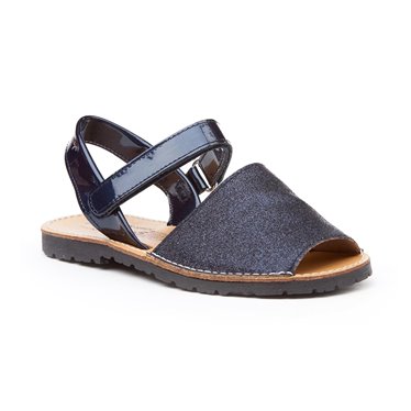 Girls Patent and Glitter Leather Menorcan Sandals Velcro 208 Navy, by AngelitoS