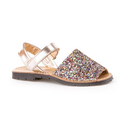 Girls Leather and Glitter Menorcan Sandals Velcro 203 Multicolor, by AngelitoS