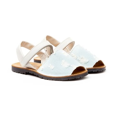 Girls Nappa Leather and Denim Menorcan Sandals Velcro 212 Beige, by AngelitoS