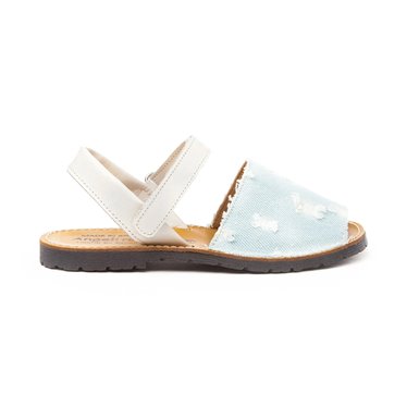 Girls Nappa Leather and Denim Menorcan Sandals Velcro 212 Beige, by AngelitoS