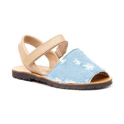 Girls Nappa Leather and Denim Menorcan Sandals Velcro 212 Camel, by AngelitoS