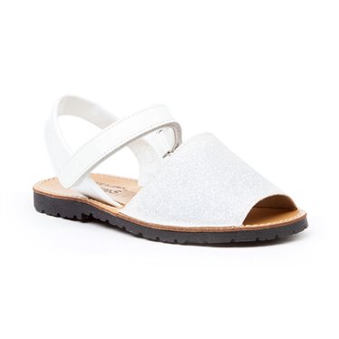 Girls Patent and Glitter Leather Menorcan Sandals Velcro 208 White, by AngelitoS