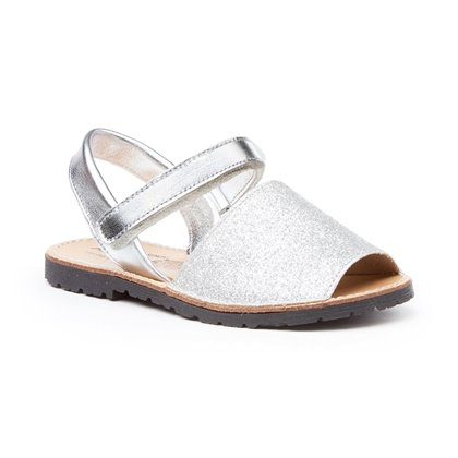 Girls Patent and Glitter Leather Menorcan Sandals Velcro 208 Silver, by AngelitoS