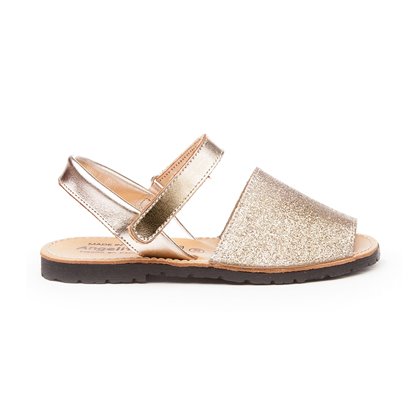 Girls Patent and Glitter Leather Menorcan Sandals Velcro 208 Platinum, by AngelitoS