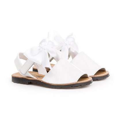 Girls Patent Leather Menorcan Sandals Satin Bow Velcro 206 White, by AngelitoS