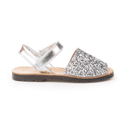 Girls Leather and Glitter Menorcan Sandals Velcro 203 Silver, by AngelitoS