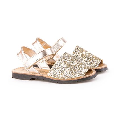 Girls Leather and Glitter Menorcan Sandals Velcro 203 Platinum, by AngelitoS