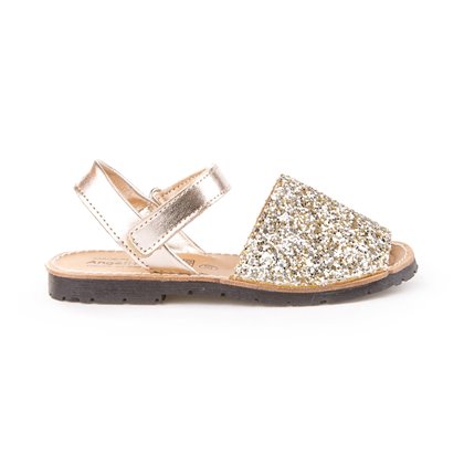 Girls Leather and Glitter Menorcan Sandals Velcro 203 Platinum, by AngelitoS