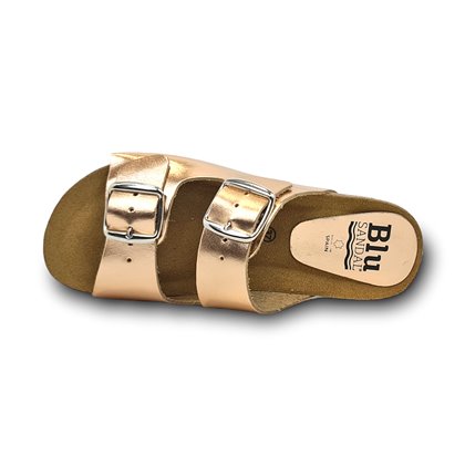 Woman Metallic Leather Bio Sandals Cork Sole Padded Insole 896 Rose Gold, by BluSandal