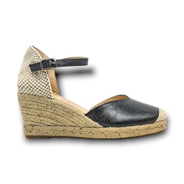 Womens Leather aNd Fabric Low Wedged Valencian Espadrilles 295 Black, by Amelie