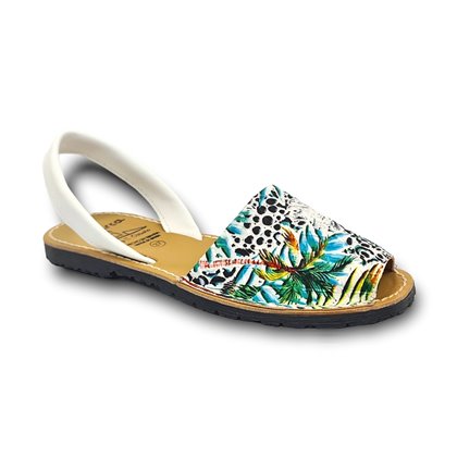 Womens Leather and Fabric Flat Menorcan Sandals Floral Patterns 214 Green, by C. Ortuño