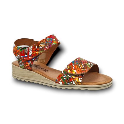 Womens Leather Low Wedged Sandals Padded Insole Velcro 132 Multicolor, by Amelie