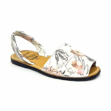 Womens Leather Flat Printed Menorcan Sandals Floral Patterns 212 White, by C. Ortuño