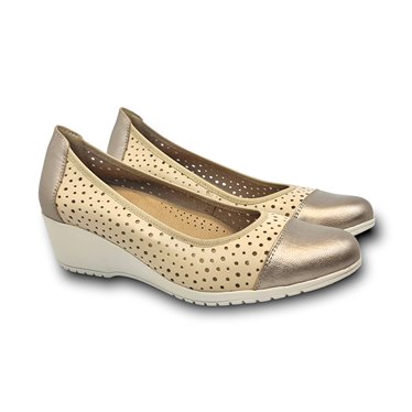 Womens Openwork Leather Wedged Ballerinas Removable Insole 7034 Beige, by TuPie